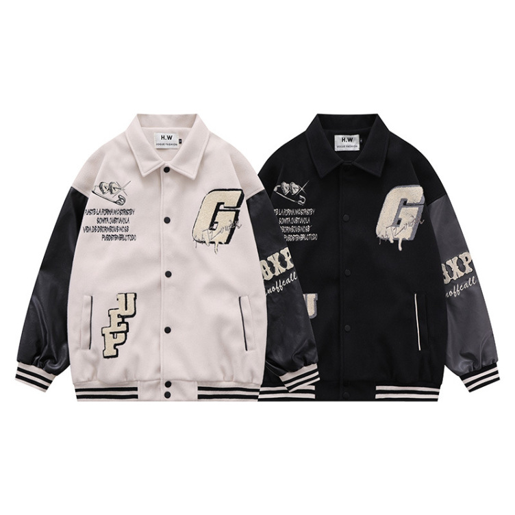 American retro flocking embroidered lapel PU leather sleeves splicing jacket
