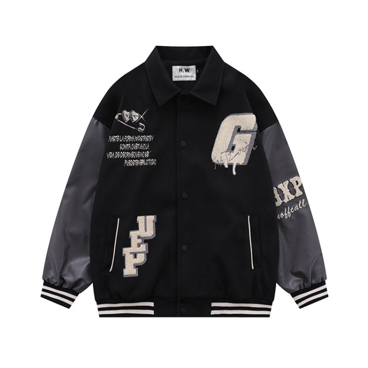 American retro flocking embroidered lapel PU leather sleeves splicing jacket