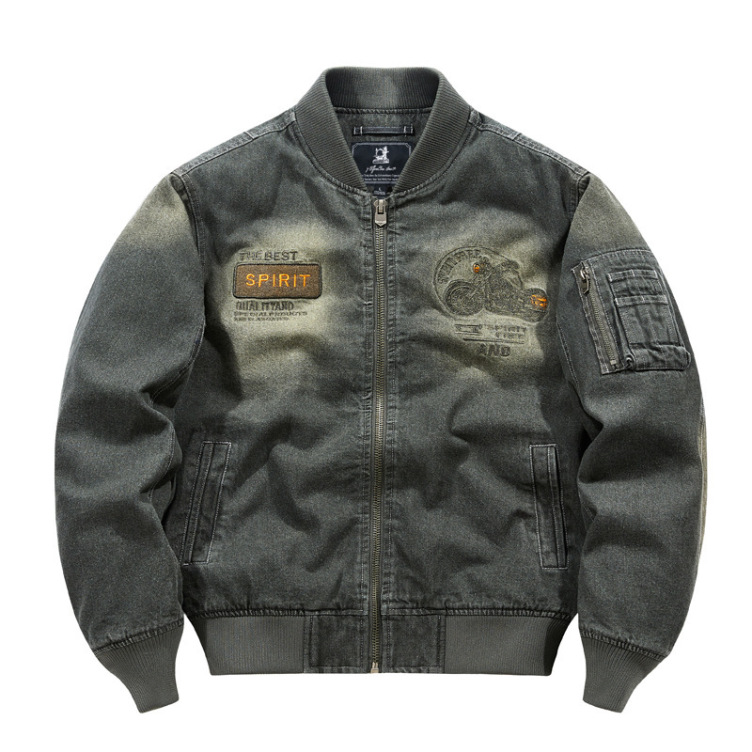 High Street Heavy Industry Distressed Stand Collar Motorcycle Style Denim jacket