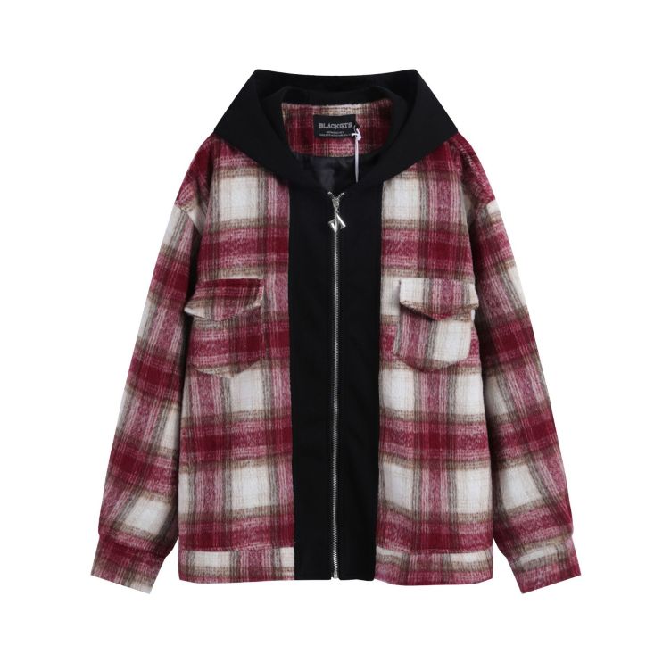 Thickened hooded hip hop patchwork plaid jacket