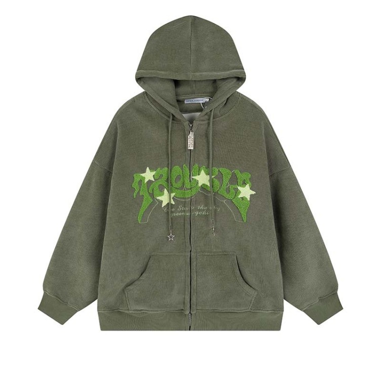 Vintage lettering flocked embroidered star hooded loose hat hoodies