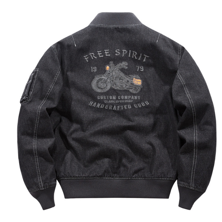 High Street Heavy Industry Distressed Stand Collar Motorcycle Style Denim jacket