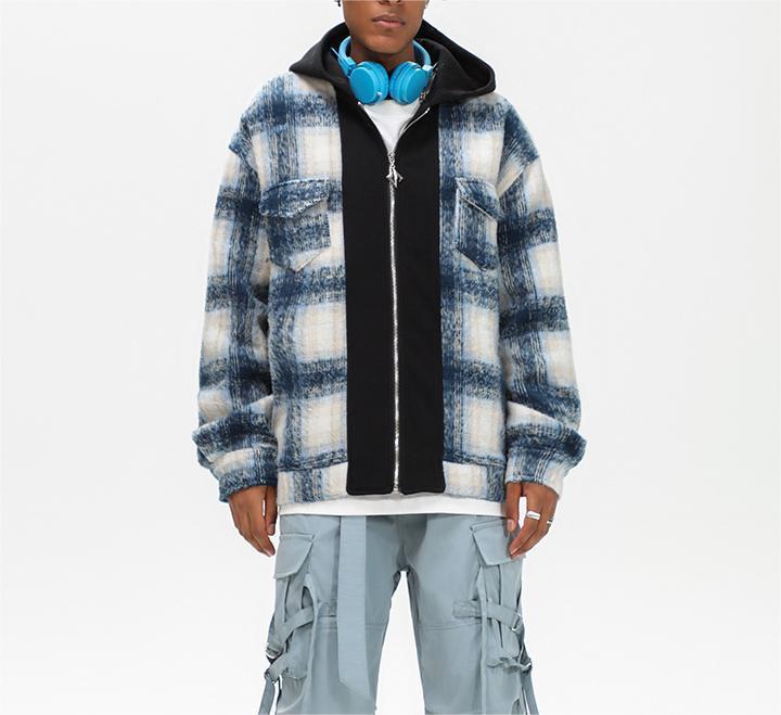 Thickened hooded hip hop patchwork plaid jacket