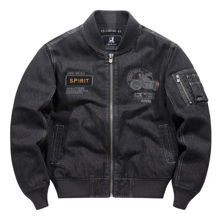 High Street Heavy Industry Distressed Stand Collar Motorcycle Style Denim jacket