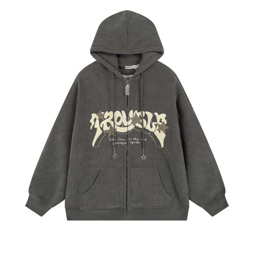 Vintage lettering flocked embroidered star hooded loose hat hoodies