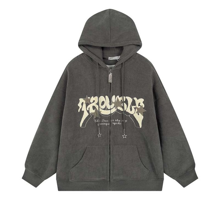 Vintage lettering flocked embroidered star hooded loose hat hoodies