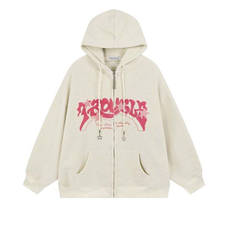 Vintage lettering flocked embroidered star hooded loose hat hoodies