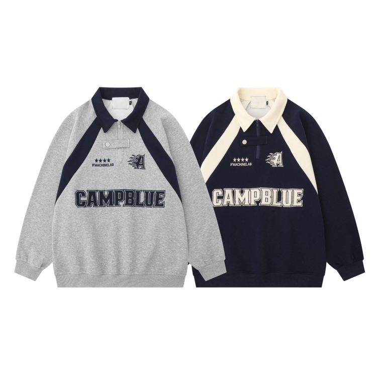 Loose polo collar with letter embroidery and contrasting colors hoodies