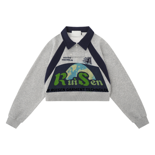 Loose polo collar with letter embroidery and contrasting colors hoodies