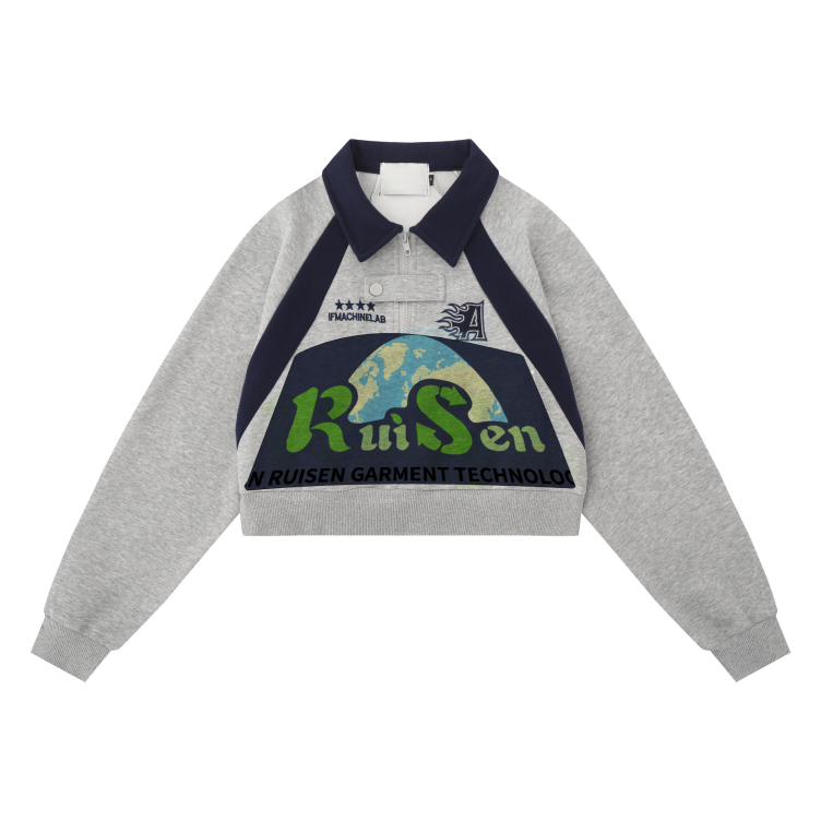 Loose polo collar with letter embroidery and contrasting colors hoodies