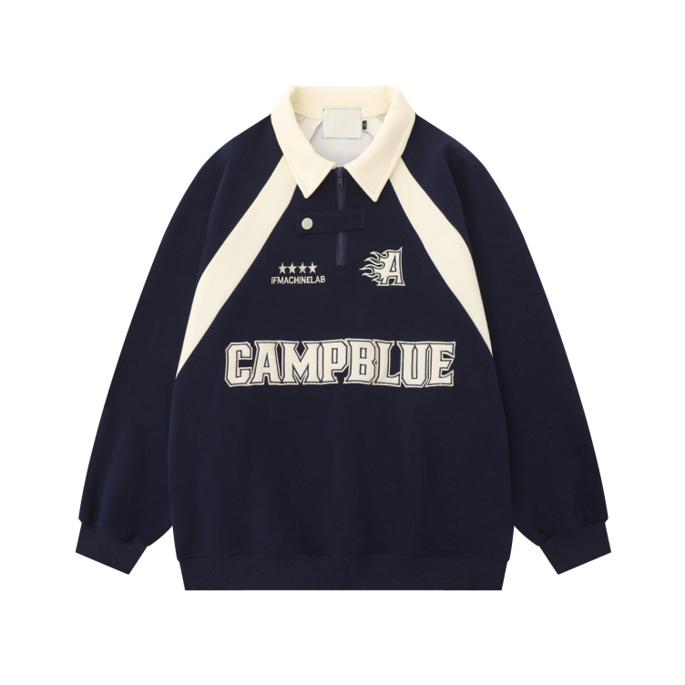 Loose polo collar with letter embroidery and contrasting colors hoodies