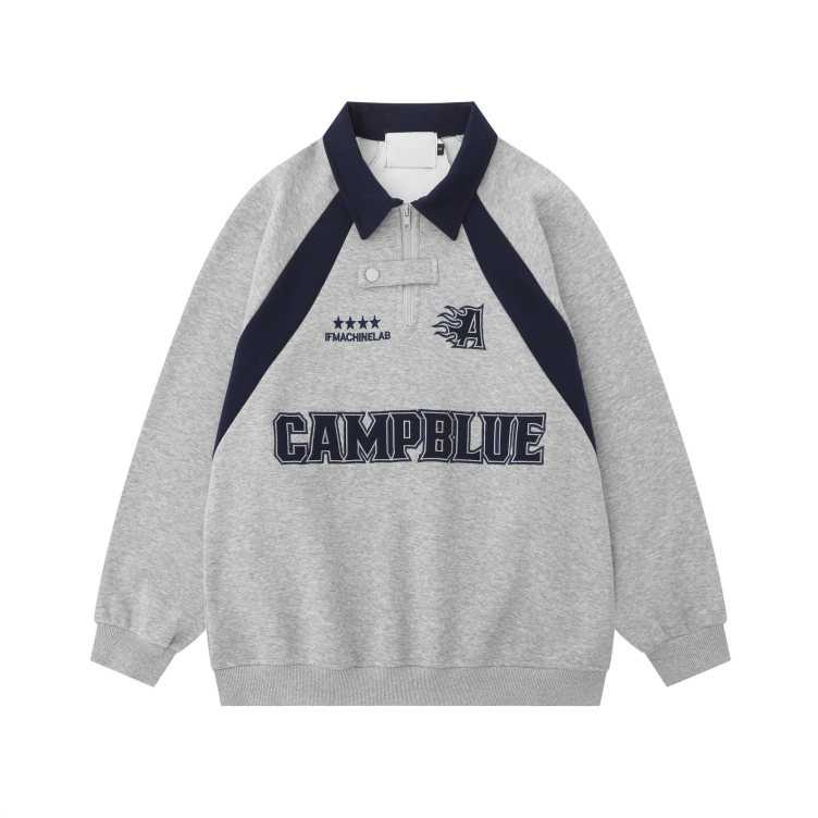 Loose polo collar with letter embroidery and contrasting colors hoodies