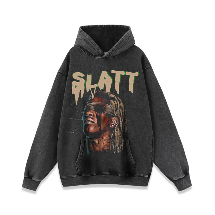 High Street Fashion Brand Dark Style Character Print Round Neck Street Retro hoodies