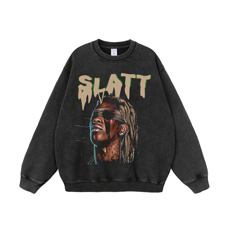 High Street Fashion Brand Dark Style Character Print Round Neck Street Retro hoodies