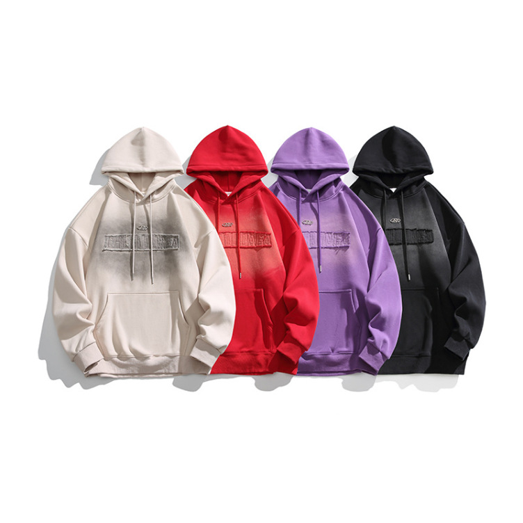 Retro patch embroidered velvet loose pullover hoodies