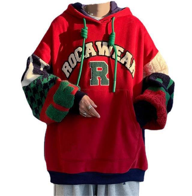 Christmas niche design stitching contrasting color loose pullover hoodies