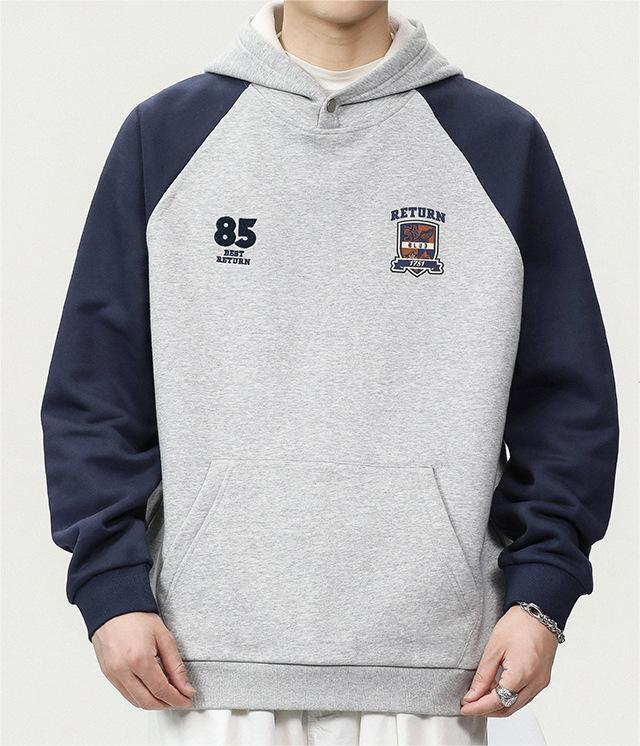 American style patchwork contrasting color plus velvet high-end raglan sleeves hoodies