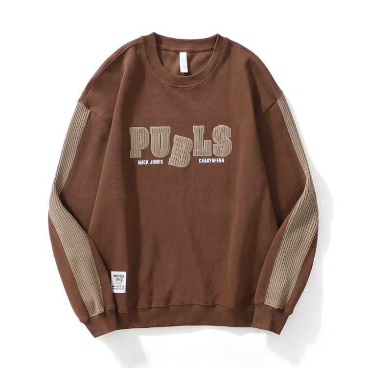 Spliced contrasting color round neck, loose and casual, heavy embroidery sweatshirts