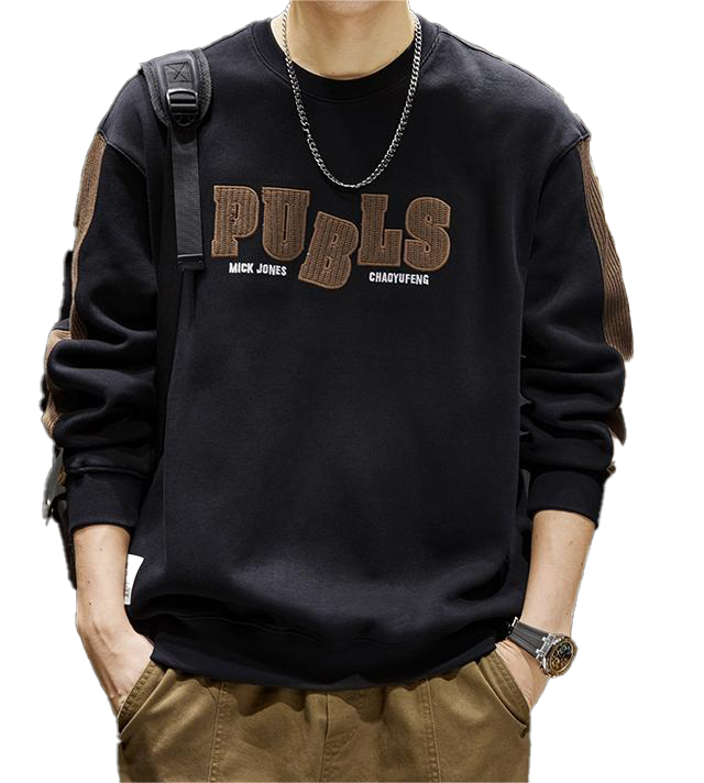 Spliced contrasting color round neck, loose and casual, heavy embroidery sweatshirts
