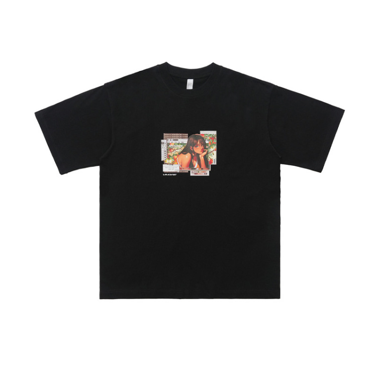 Cartoon portrait print design loose oversize T-shirt