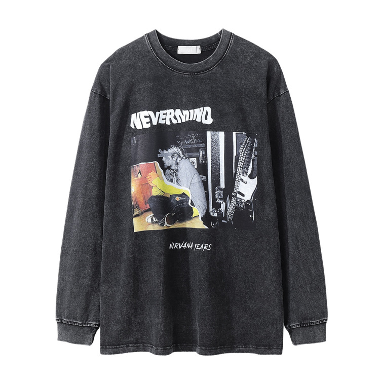 Street character printed long-sleeved hip-hop washed and distressed loose T-shirt