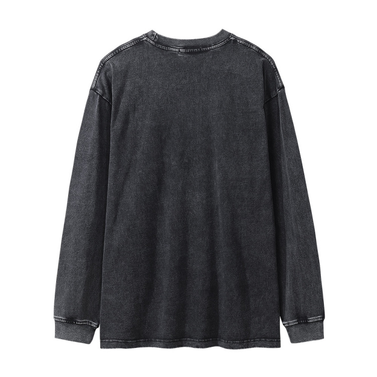 Street character printed long-sleeved hip-hop washed and distressed loose T-shirt