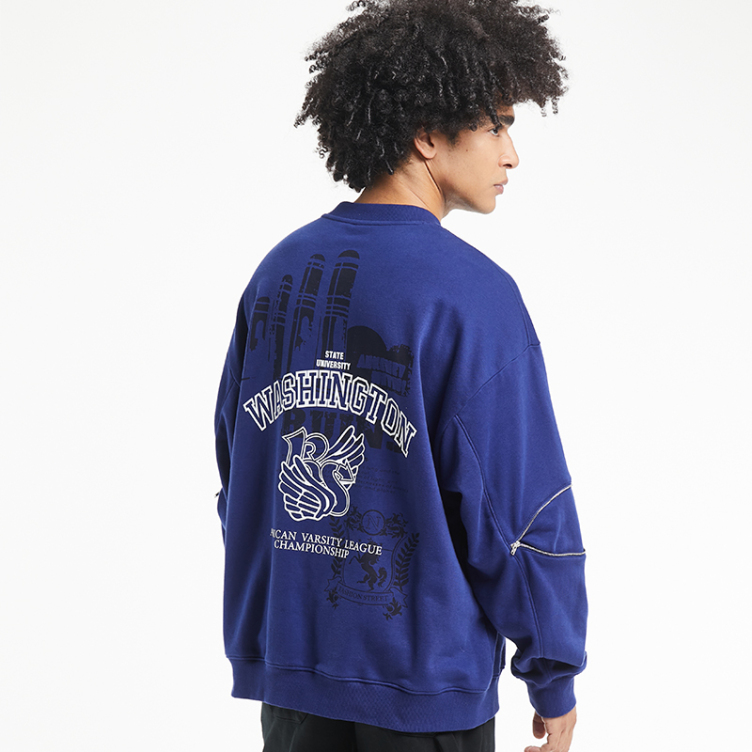 Arm zipper open back trend print blue sweatshirts