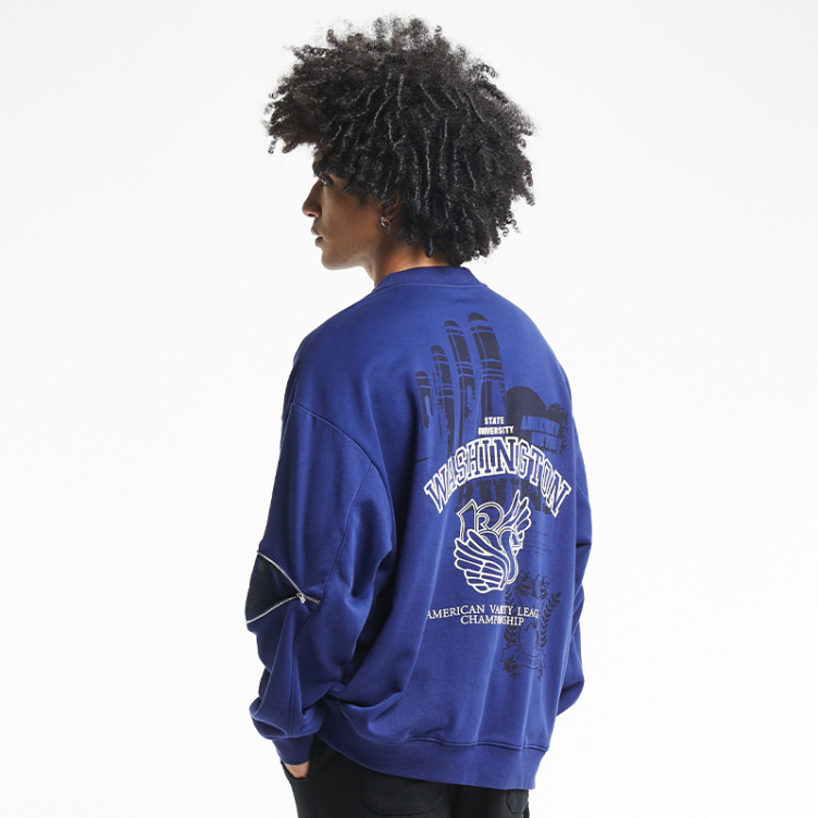 Arm zipper open back trend print blue sweatshirts
