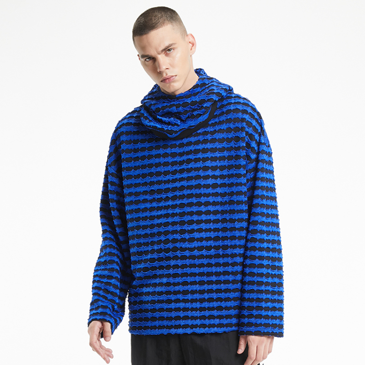 Blue and black plaid neck knit hoodies