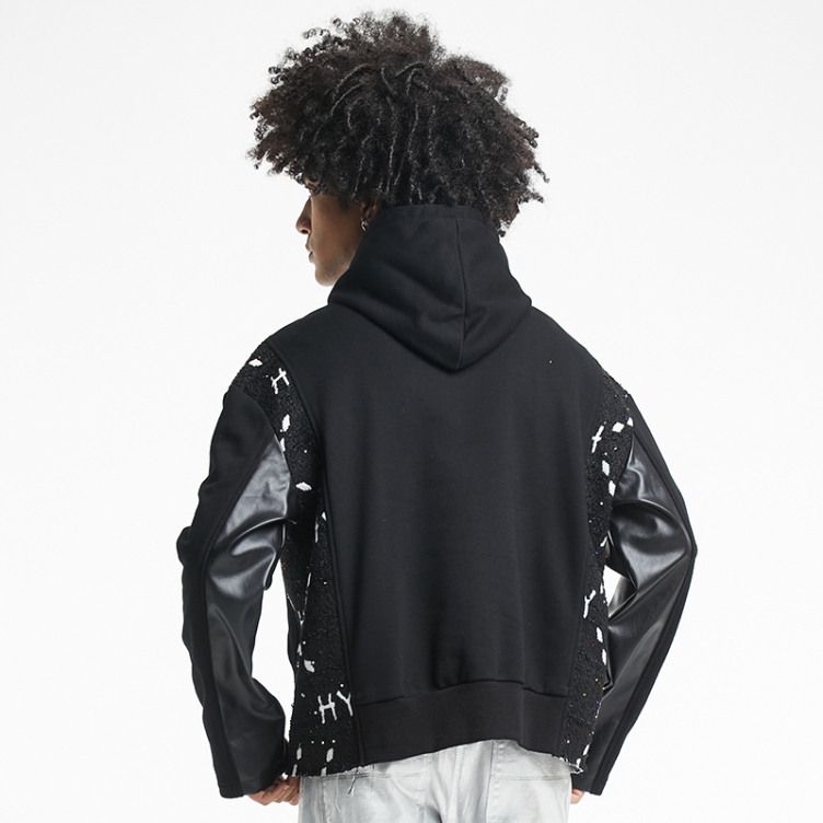 Black patchwork plush leather hoodies