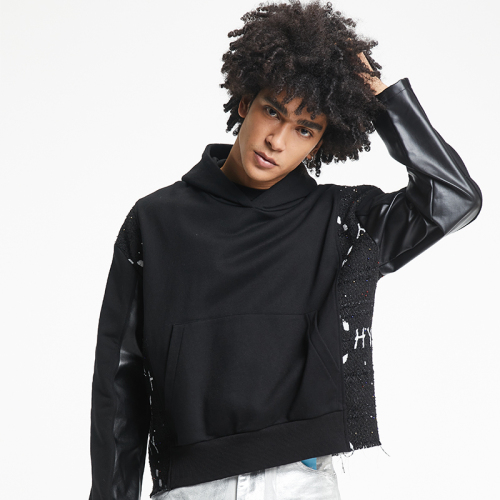 Black patchwork plush leather hoodies
