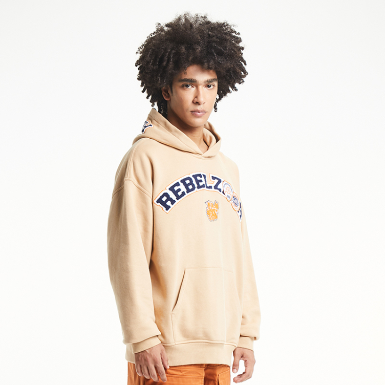 Solid beige monogram patch embroidered hoodies