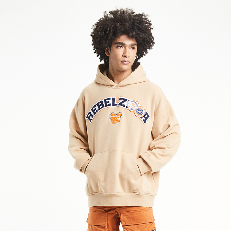 Solid beige monogram patch embroidered hoodies