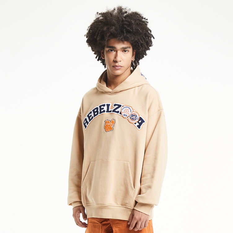 Solid beige monogram patch embroidered hoodies