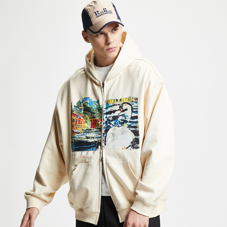 Casual Vintage printing zipper hoodies