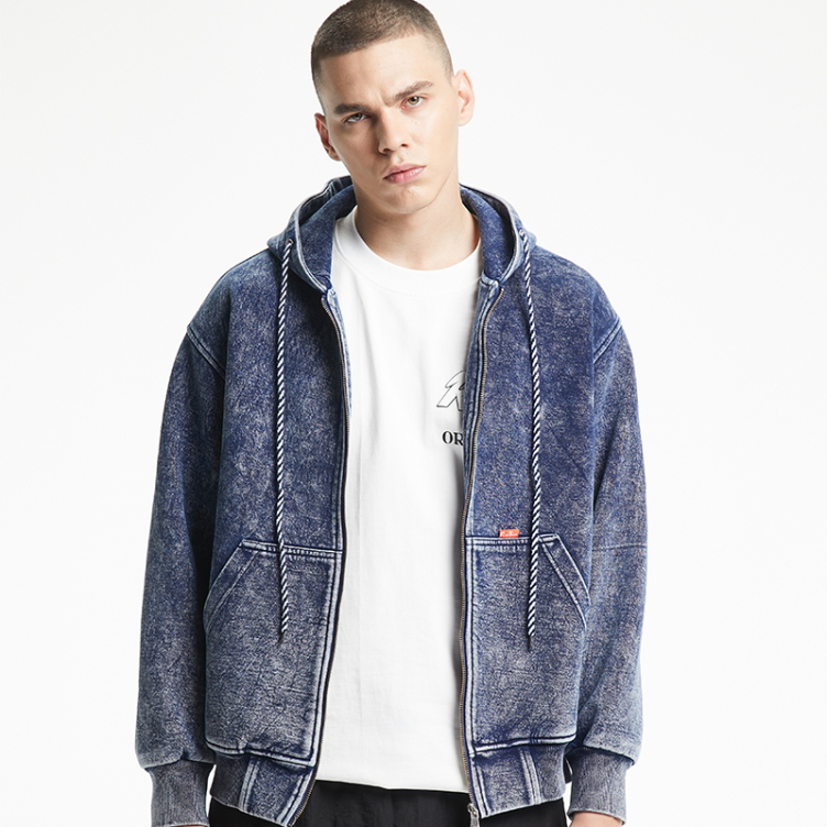 Vintage washed denim striped strap hoodies