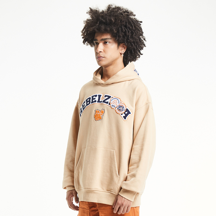 Solid beige monogram patch embroidered hoodies