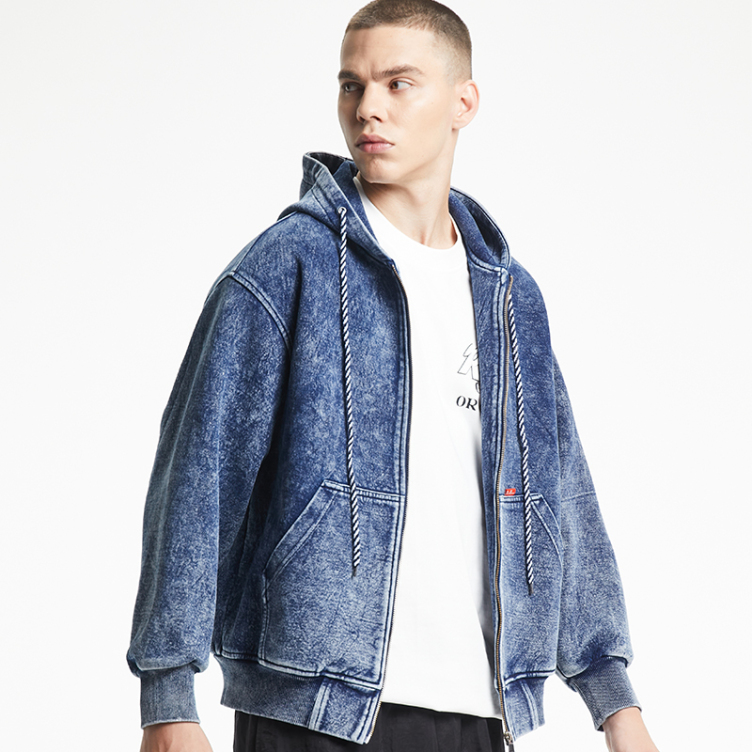 Vintage washed denim striped strap hoodies
