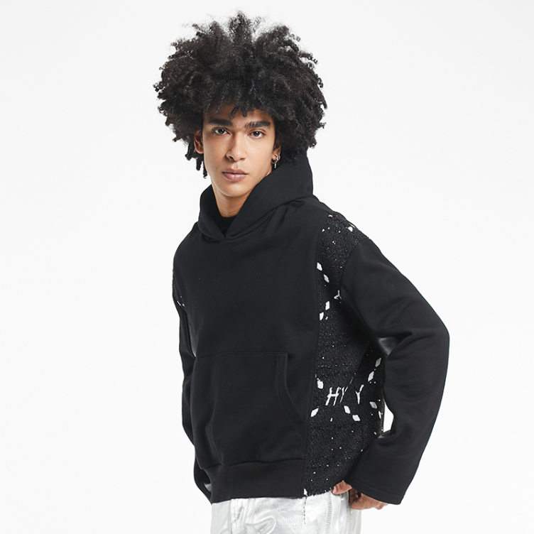 Black patchwork plush leather hoodies