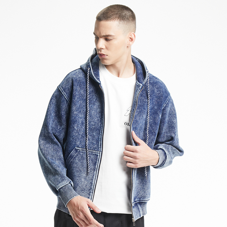 Vintage washed denim striped strap hoodies