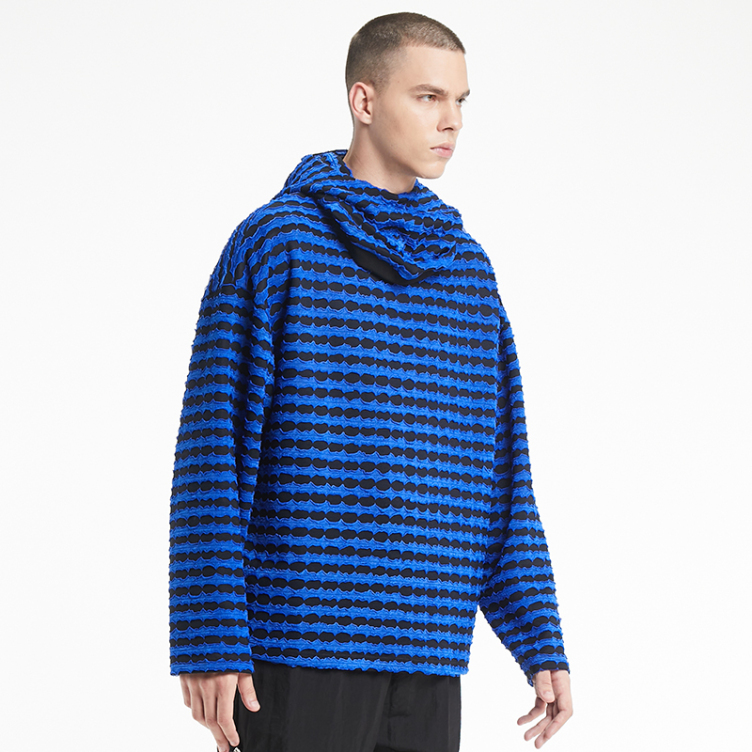 Blue and black plaid neck knit hoodies
