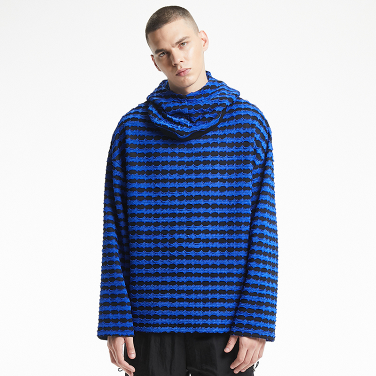 Blue and black plaid neck knit hoodies