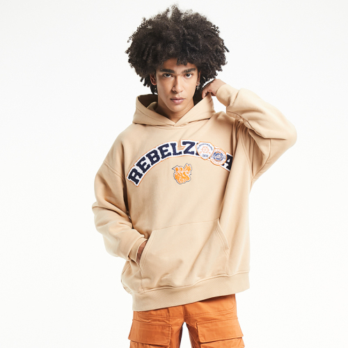 Solid beige monogram patch embroidered hoodies