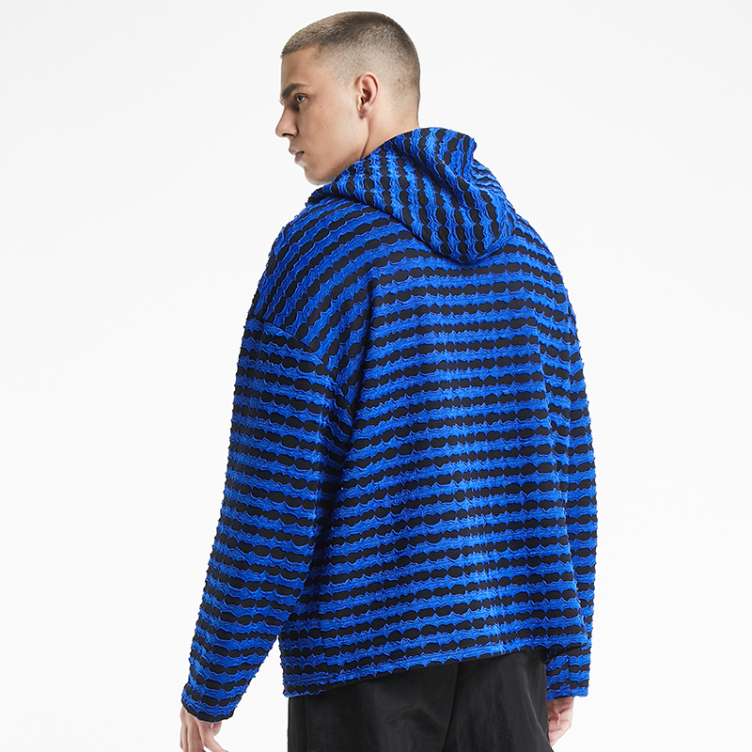 Blue and black plaid neck knit hoodies