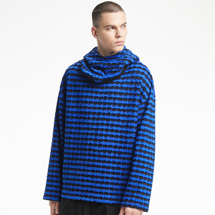 Blue and black plaid neck knit hoodies