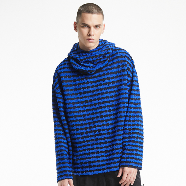 Blue and black plaid neck knit hoodies