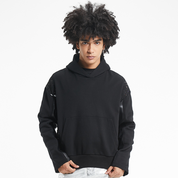 Black patchwork plush leather hoodies