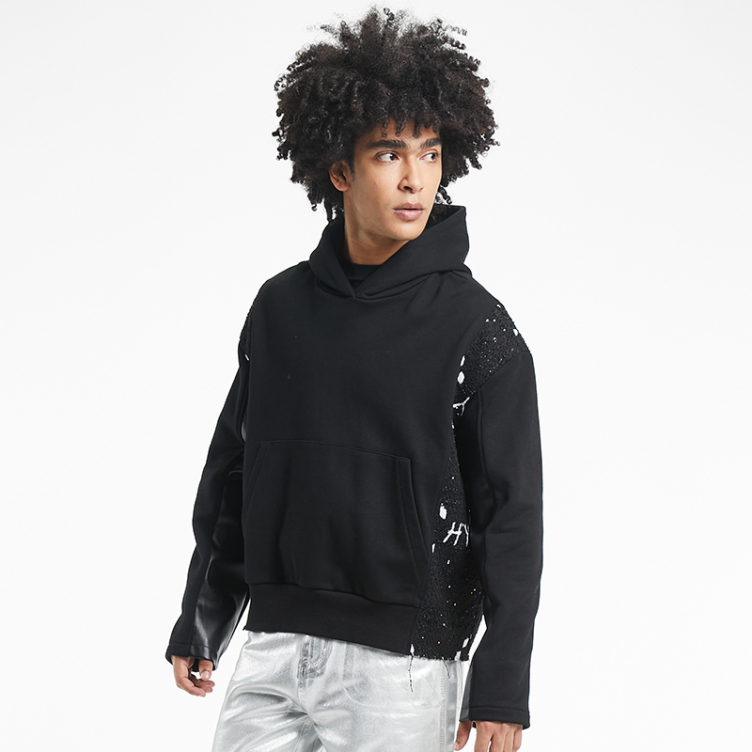 Black patchwork plush leather hoodies