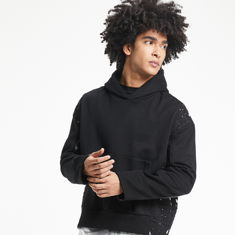 Black patchwork plush leather hoodies