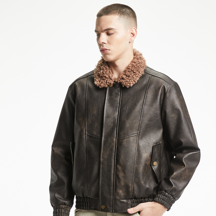 American vintage PU leather hair neckline jacket